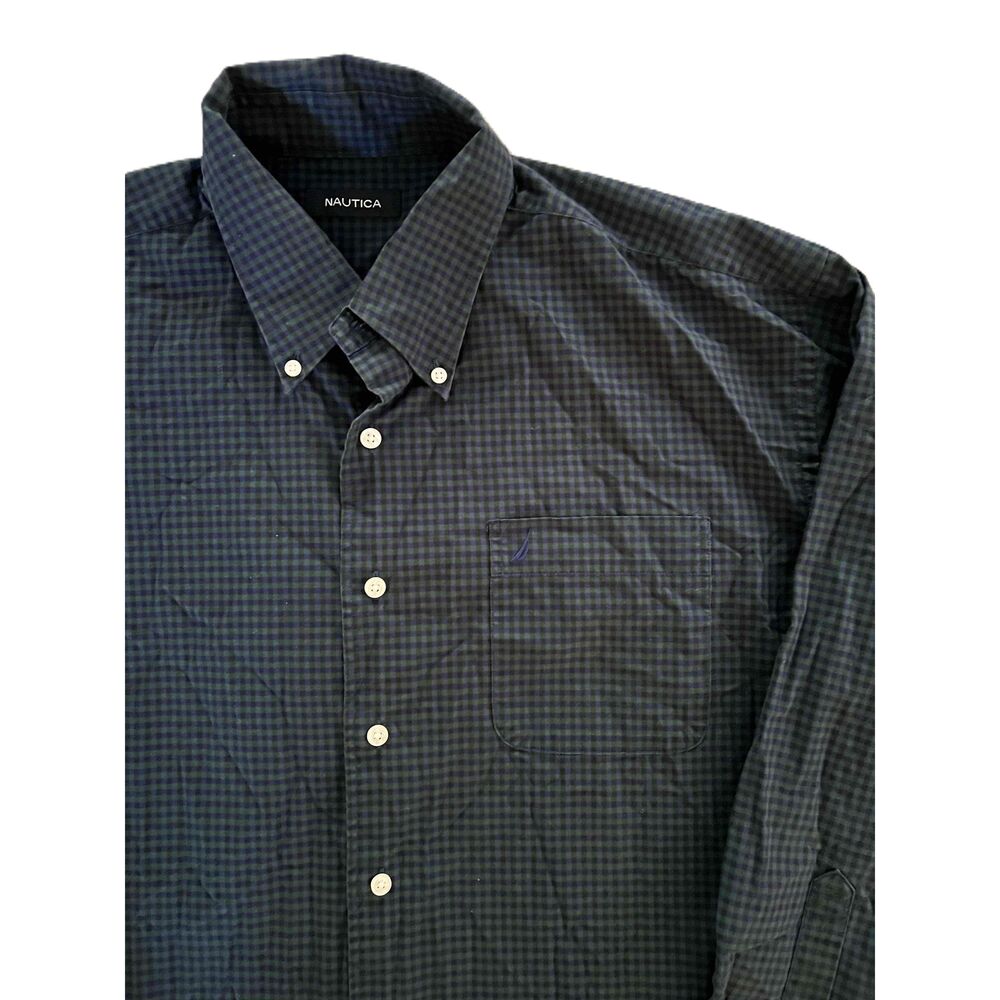 Nautica Blue Green Plaid Button Down Long Sleeve Shirt Men's Large 17.5 34/35